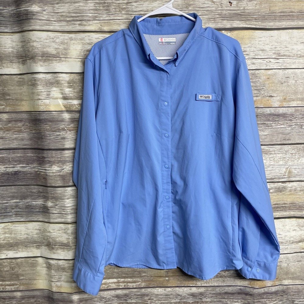 Columbia PFG Shirt Men's 2XL Light Blue Long Sleeve Button Down Omni-Shade